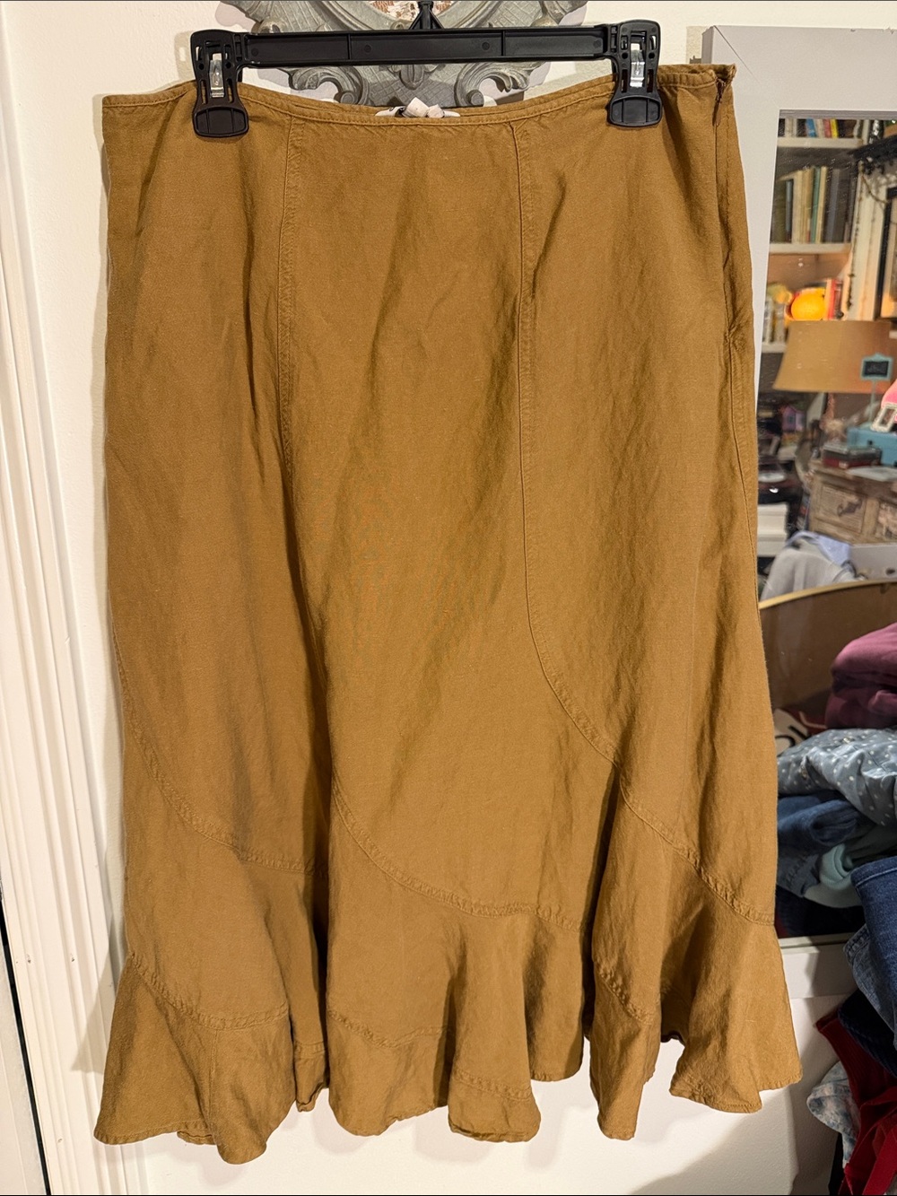 A-Line Ruffle Hem Skirt in Mustard Brown